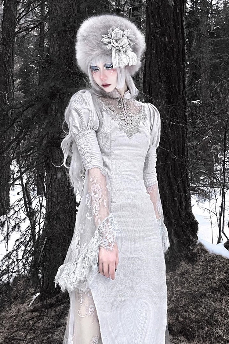Silver The Call of the Snow Country V Collar Long Sleeves High Waisted Ruffle Lace Gothic Lolita Fishtail Dress