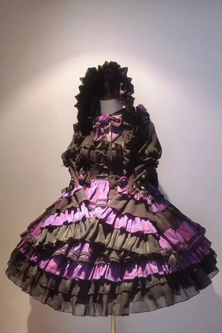 Black/Purple Long Trumpet Sleeves Multi-Layered Ruffle Bowknot Lace-Up Gothic Lolita Dress