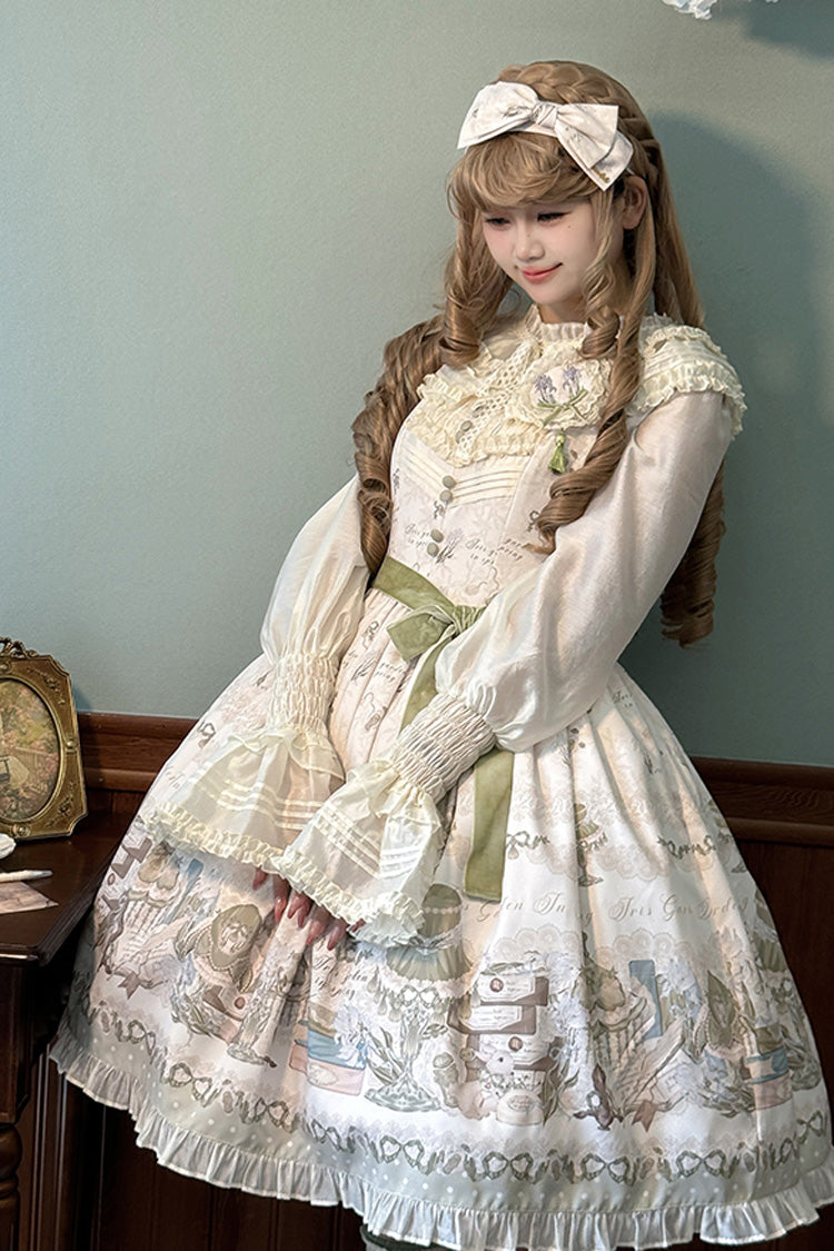 Iris Study V Collar Sleeveless Print Bowknot Lace Sweet Lolita Jumper Dress 2 Colors