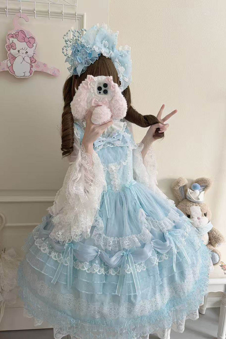 Blue Sugar Heart Knot Multi-Layered Ruffled Bow Lace Sweet Lolita Jsk Dress