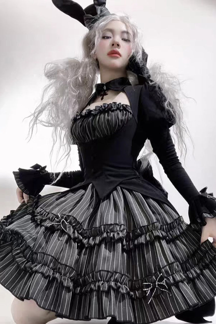 Black Duke of the Trap Rabbit Long Sleeves Stripe Print Ruffle Bowknot Lace Gothic Lolita Dress
