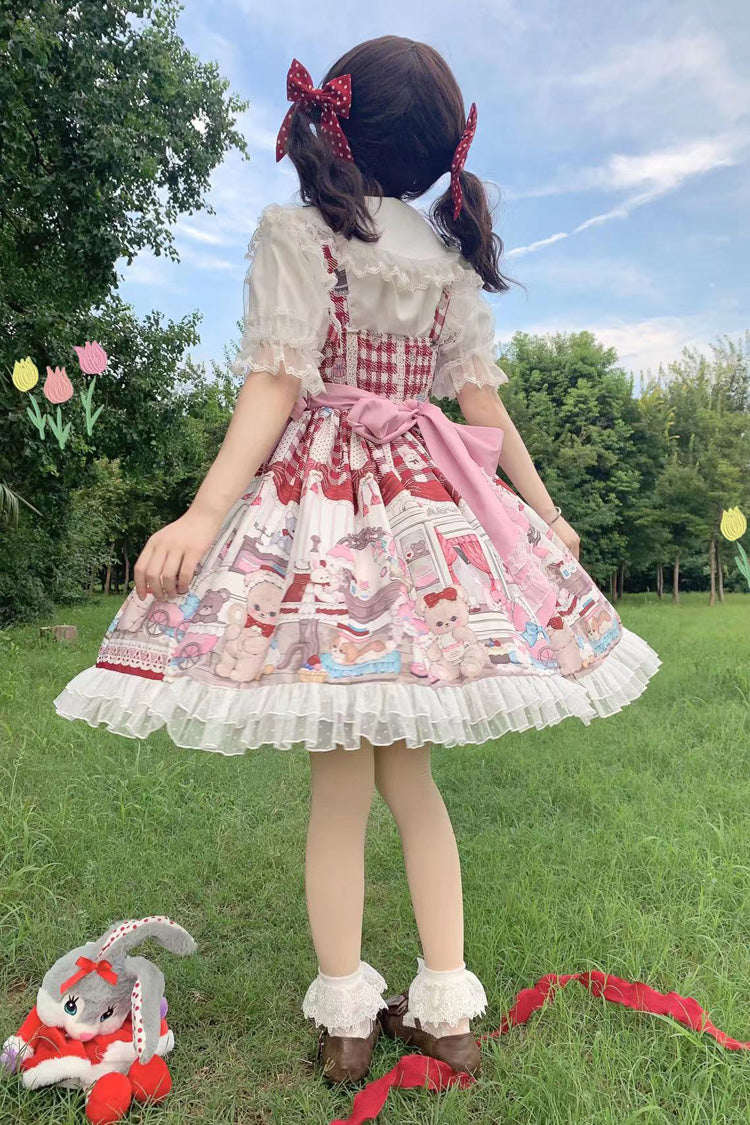 Red Plush Bear and Doll Print Ruffle Bowknot Lace Sweet Lolita Jsk Dress