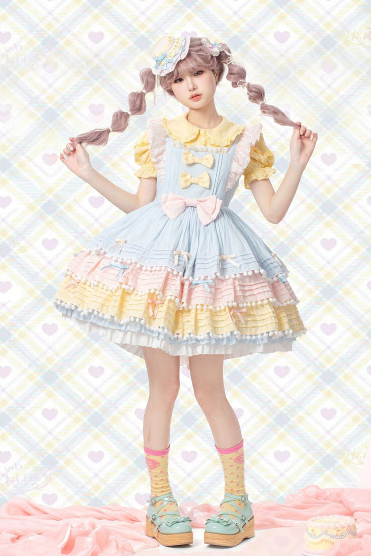 Blue/Pink/Yellow Sweetheart Macaron Ice Cream Multi-Layered Ruffle Bowknot Sweet Lolita Dress