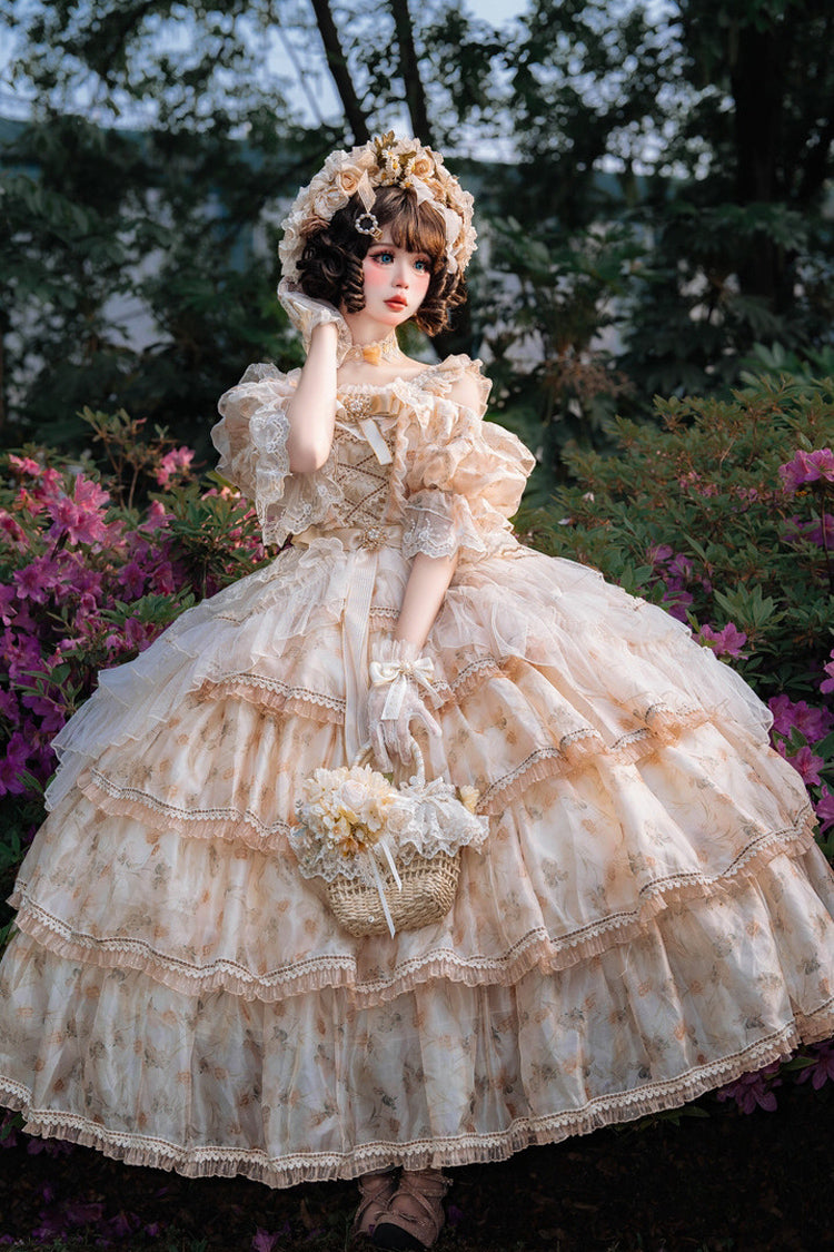 Yellow Rose Letter Off Shoulder Triple-Layered Print Ruffle Hanayome Sweet Princess Lolita Dress