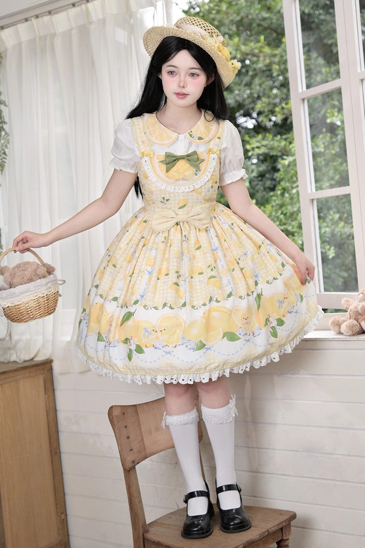 Yellow Lemon Chicken Print Ruffle Bowknot Lace Sweet Lolita Jsk Dress
