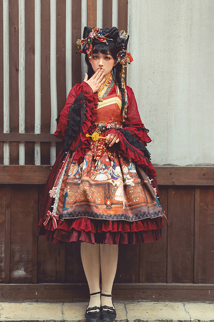 Multi-Color Nightmare Print Japanese Ruffle Bowknot Sweet Lolita Jsk Dress