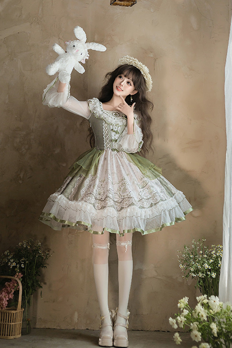 Green Teacup Rabbit Little Fresh Print Ruffle Bowknot Lace Lace-Up Sweet Lolita OP Dress
