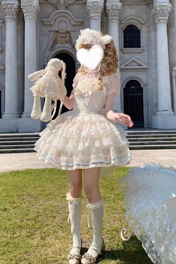 Apricot Butterfly Heart Ballet Triple-Layered Ruffle Bowknot Lace Sweet Ballet Lolita Jsk Dress