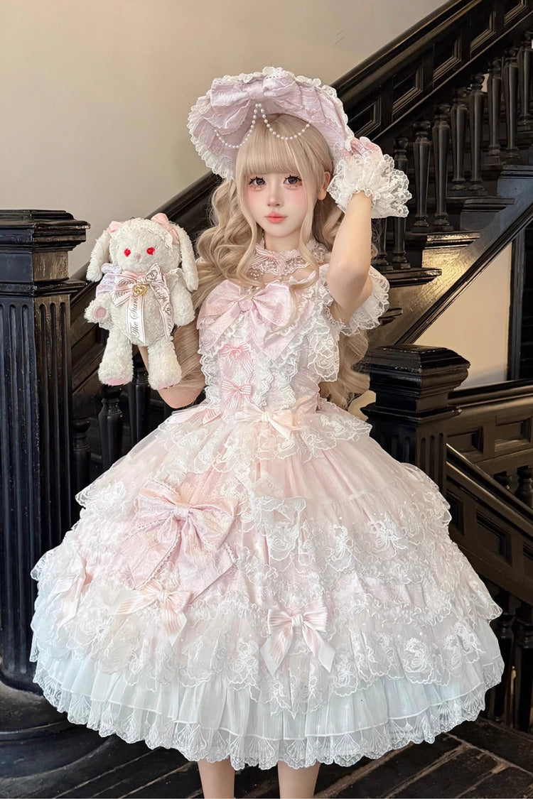 Pink Sakura Dream Romance Sleeveless Multi-Layered Ruffled Hanayome Bow Lace Sweet Princess Lolita Jsk Dress