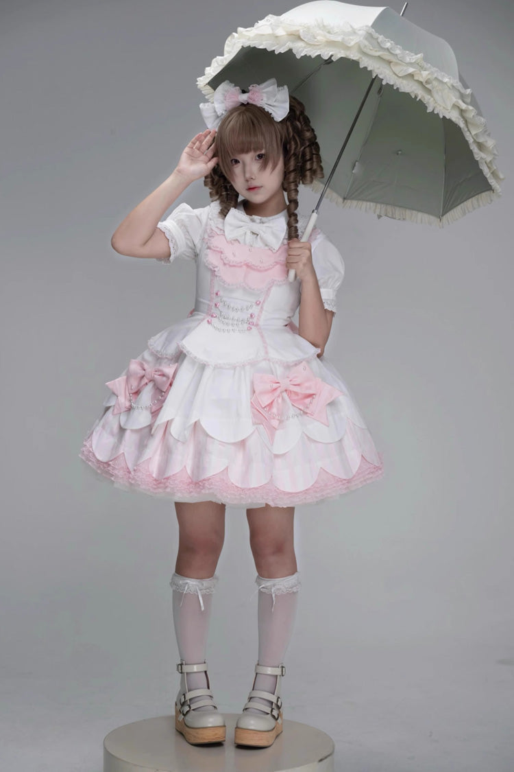 White/Pink Sleeveless Multi-Layered Ruffle Bowknot Lace Pearl Sweet Lolita Jsk Dress