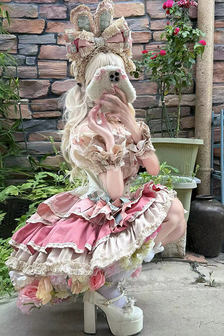Ribbon Dance Multi-Layered Ruffle Bowknot Lace-Up Sweet Princess Lolita Dress 3 Colors