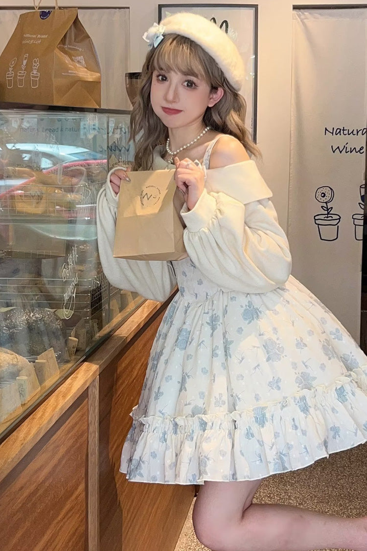 Blue Oblique Shoulder Print Ruffle Bowknot Lace Sweet Lolita Jsk Dress Set