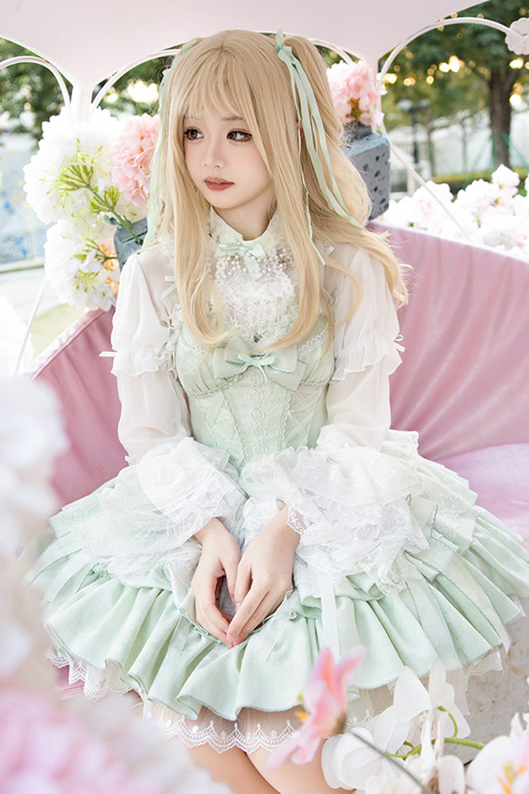 Light Green Halterneck Double-Layered Jacquard Ruffle Bowknot Lace Sweet Ballet Lolita Jsk Dress
