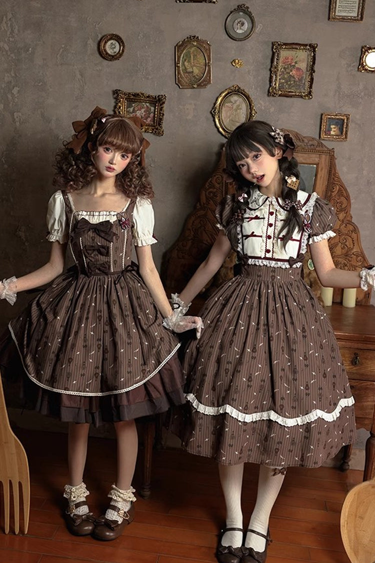 Brown Moro Coco Hot Air Balloon Print Ruffle Bowknot Sweet Elegant Princess Lolita Dress