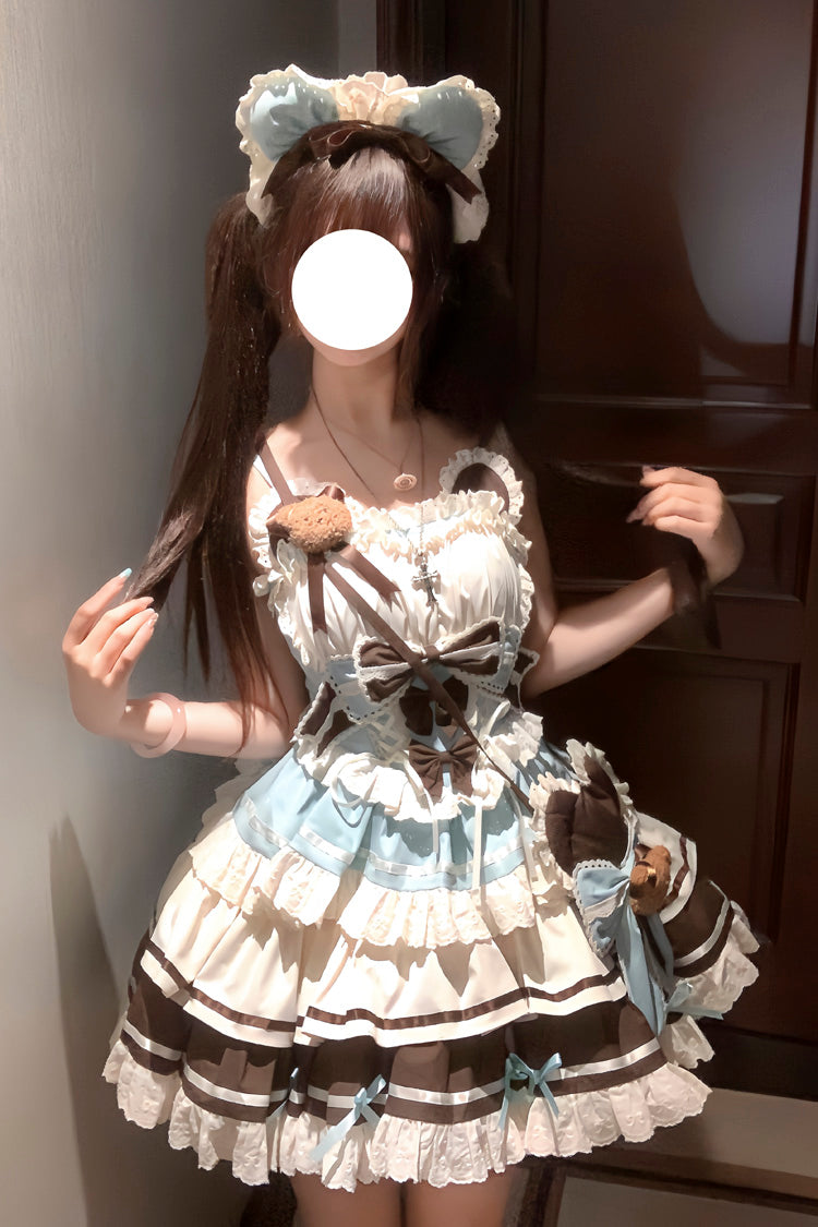 Green/Chocolate First Love Bear Multi-Layered Ruffle Bowknot Lace Sweet Lolita Jsk Dress