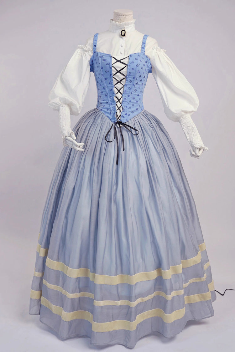 Light Blue Bashu Girl Long Puff Sleeves Print Lace-Up Fishbone Corset Sweet Lolita Skirt Dress Three-Piece Set