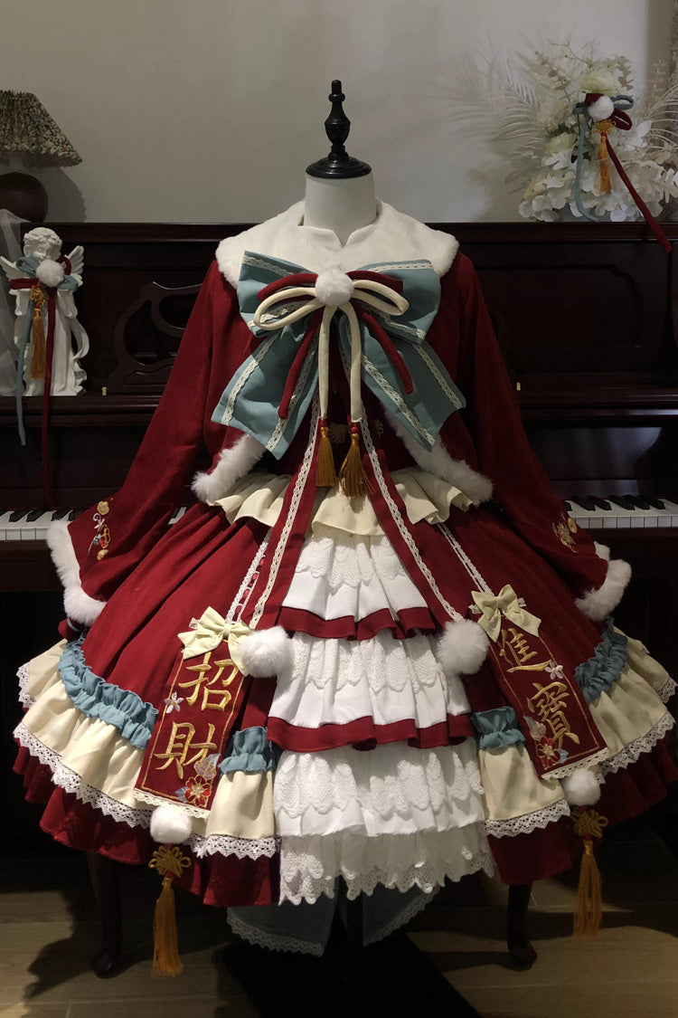 Red Happy New Year Ruffled Open-Front Bow Sweet Chinese Style Lolita Jsk Dress Set