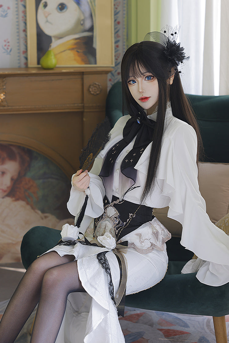 White Star Gate Jacquard Embroidery Bowknot Irregular Sweet Elegant Princess Lolita Skirt