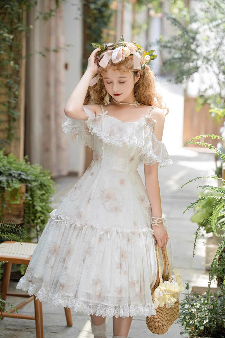 White Sunflower Dance Print Sweet Elegant Princess Lolita Jsk Dress