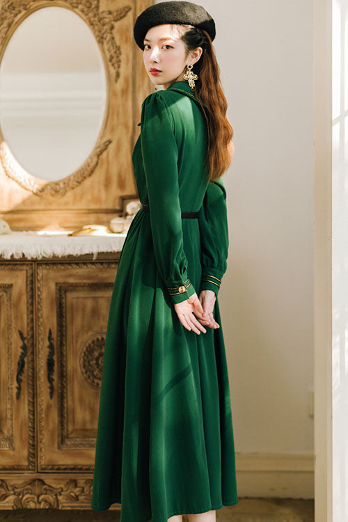 Solid Color Navy Style Vintage Lapel Collar High Waisted Long Sleeves Classic Lolita Dress