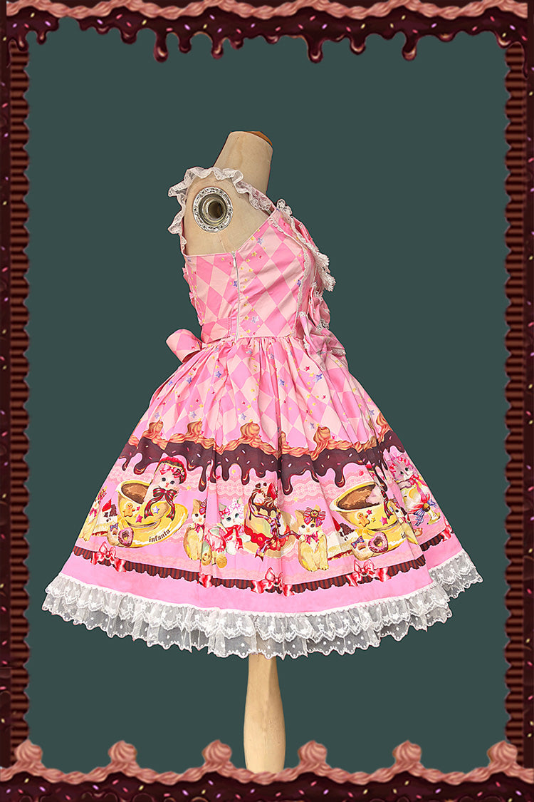Cream Meow Sleeveless Print Bowknot Lace Sweet Lolita Jsk Dress 3 Colors
