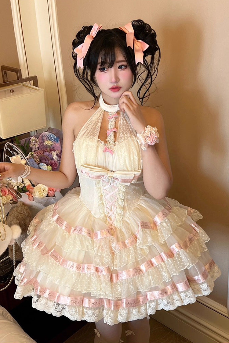 Beige Ballet Dream Halterneck Triple-Layered Ruffle Bowknot Lace-Up Sweet Princess Lolita Dress