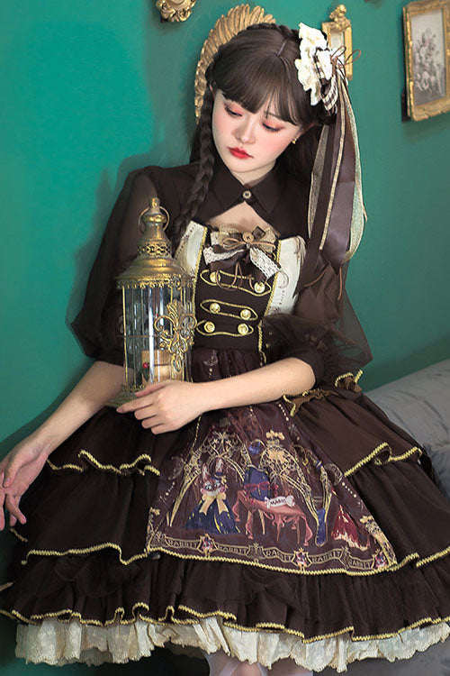 Dark Brown Japanese Country Style Alchemist Theme Bowknot Multi-Layer Ruffled Classic Lolita JSK Dress