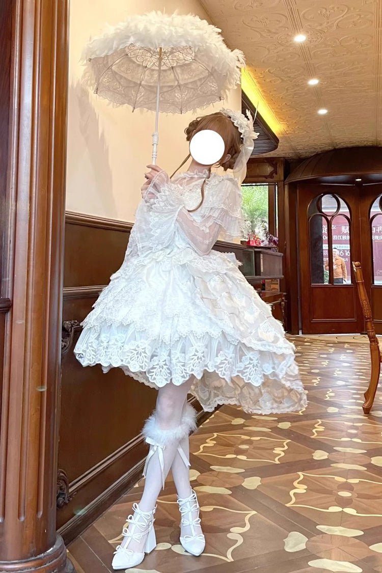 White Peacock Feather Multi-Layered Ruffle Hanayome Cardigan Bowknot Lace Sweet Lolita Jsk Dress Set