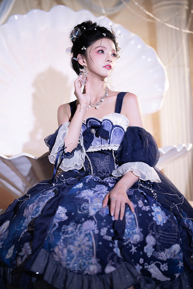 Blue Deep Sea Jellyfish Print Ruffle Lace Sweet Elegant Lolita Jsk Dress