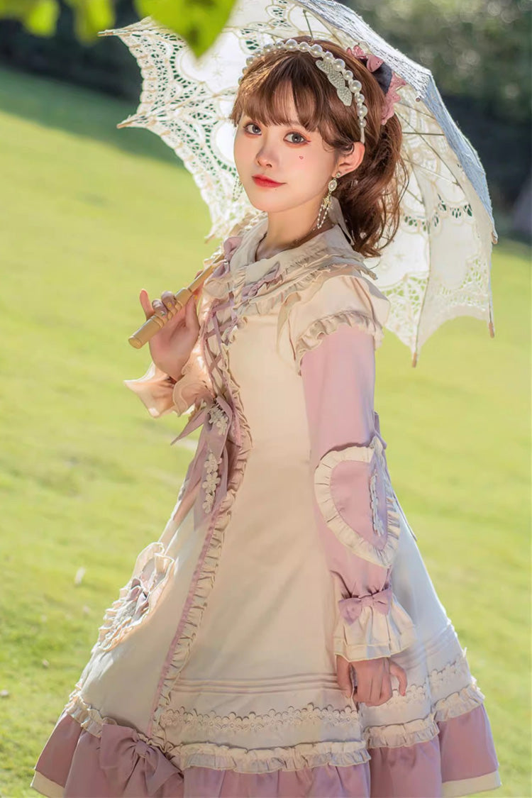 Pink/White Little Florist Long Sleeves Ruffle Bowknot Lace-Up Sweet Plus Size Princess Lolita Dress