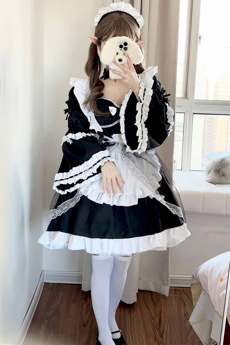 Black/White Maid Long Hime Sleeves Ruffle Bowknot Sweet Plus Size Lolita Dress Full Set