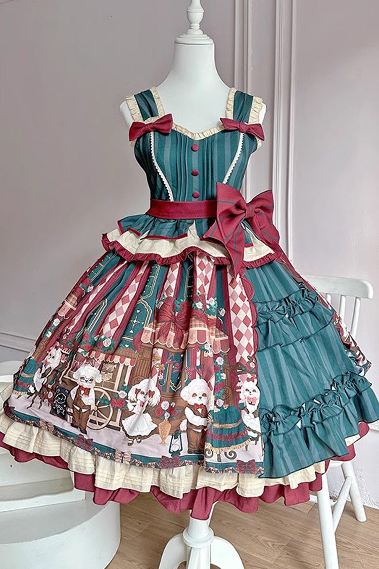 Puppy Cafe Print Ruffle Bowknot Sweet Lolita Dress 3 Colors