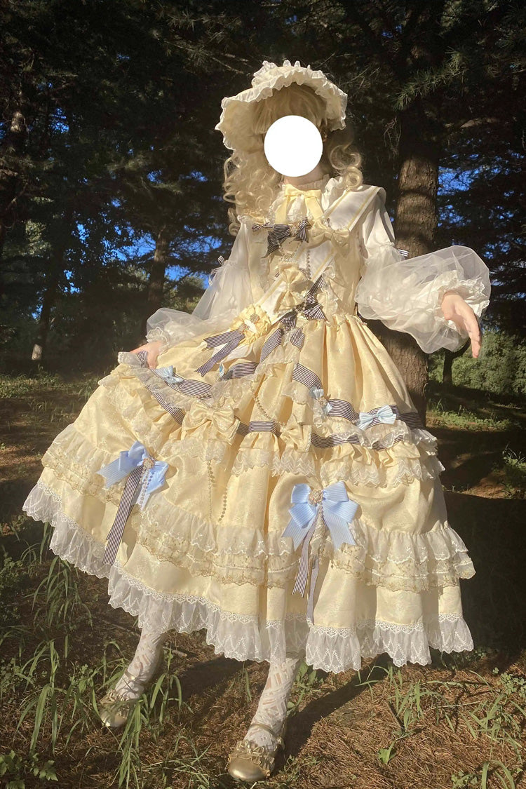 Gold Long Sleeves Multi-Layered Ruffle Bowknot Lace Sweet Princess Lolita Dress