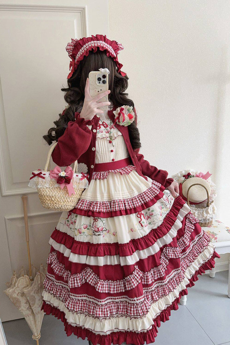 Red Strawberry Basket Square Collar Multi-Layered Printed Ruffled Embroidered Bow Sweet Lolita Jsk Dress