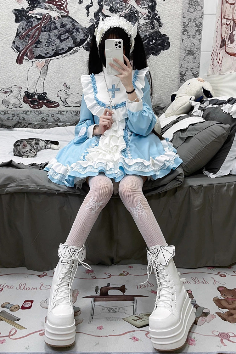 White/Blue Long Sleeves Multi-layer Cross Print Nun Style Ruffle Sweet Lolita Dress
