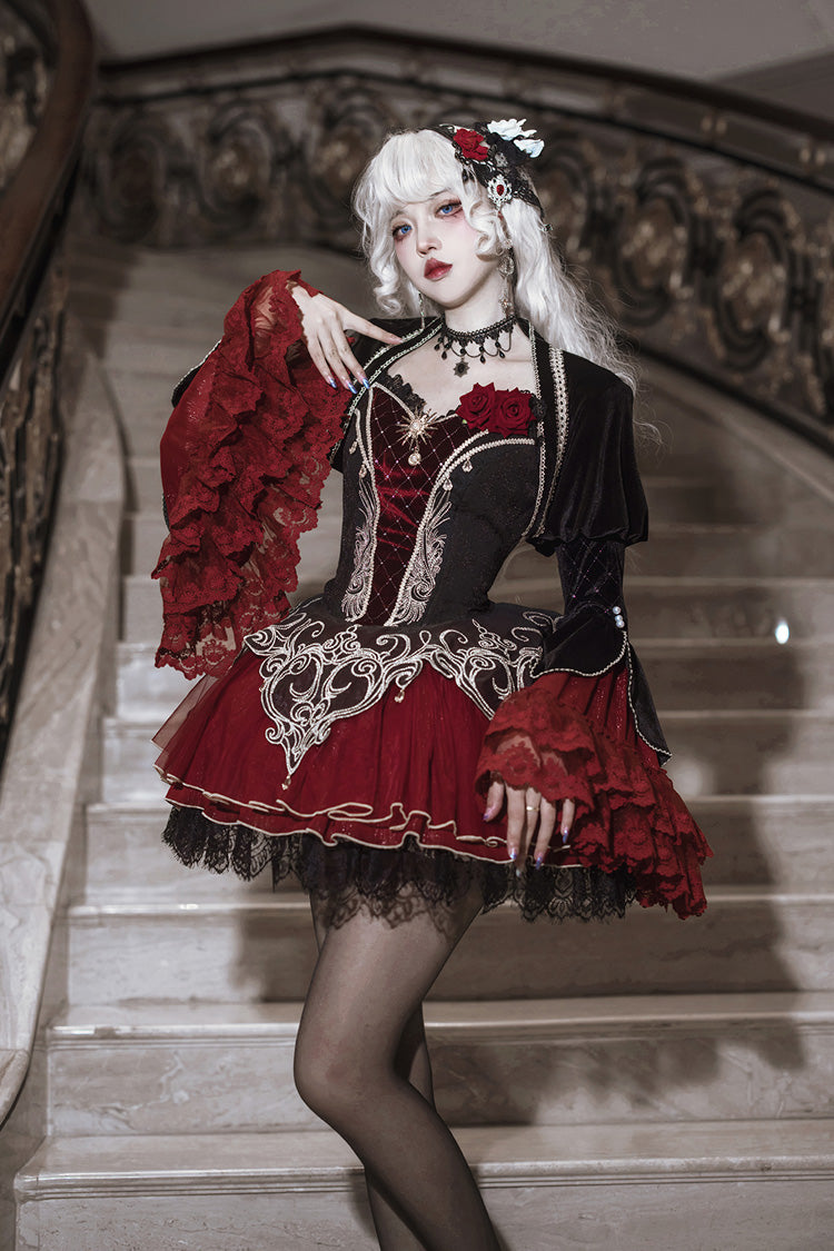 Black/Red Blood Clan Feast Ruffle Embroidery Lace Gothic Lolita Jsk Dress Set