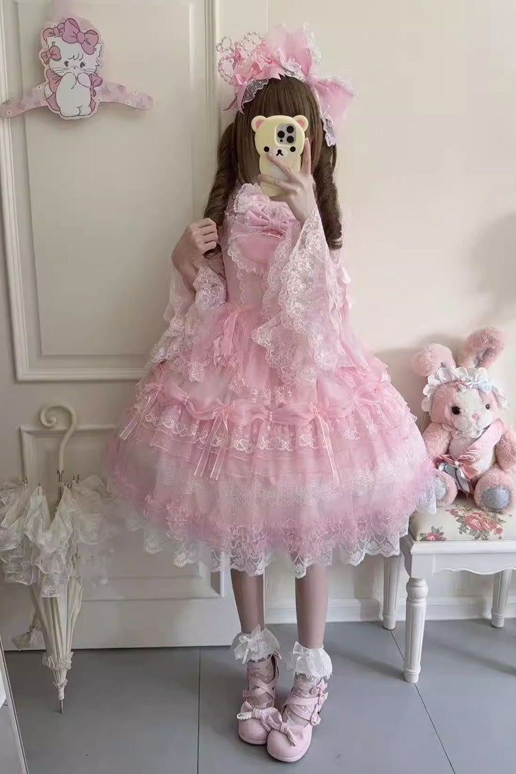 Pink Sugar Heart Knot Multi-Layered Ruffled Bow Lace Sweet Lolita Jsk Dress