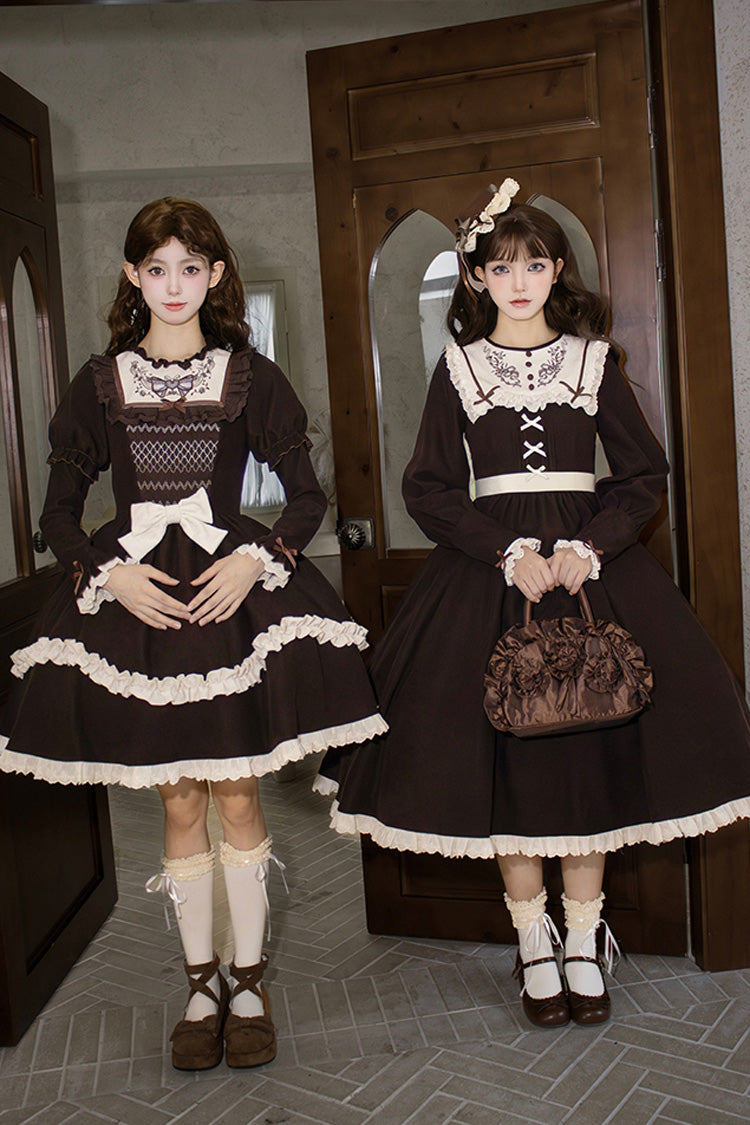 Brown Miss Brown Long Sleeves Double-Layered Ruffle Bouquet Embroidery Bowknot Sweet Lolita Dress (Short Version)