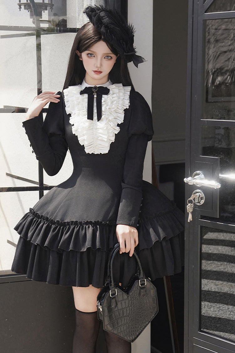 Black Miss Weir Stand Collar Long Sleeves Double-Layered Ruffle Gothic Lolita Dress