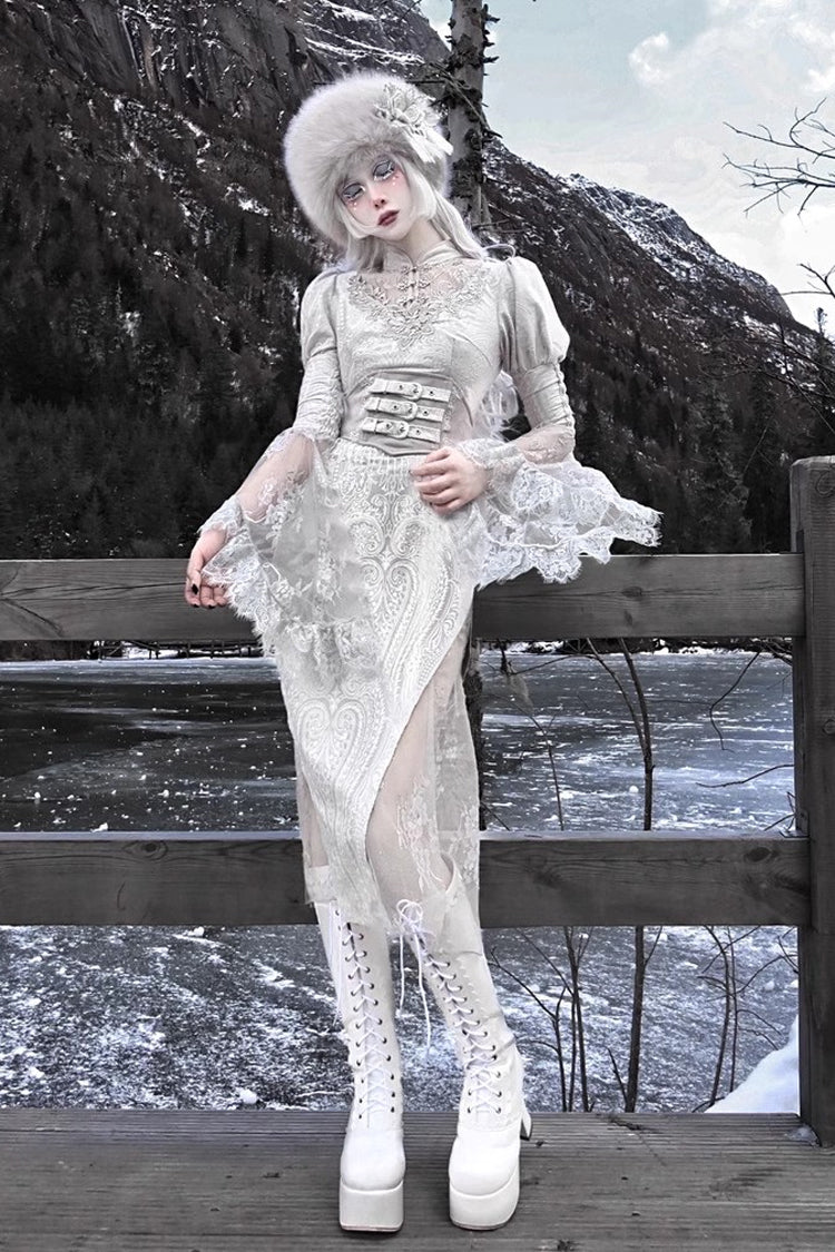 Silver The Call of the Snow Country V Collar Long Sleeves High Waisted Ruffle Lace Gothic Lolita Fishtail Dress