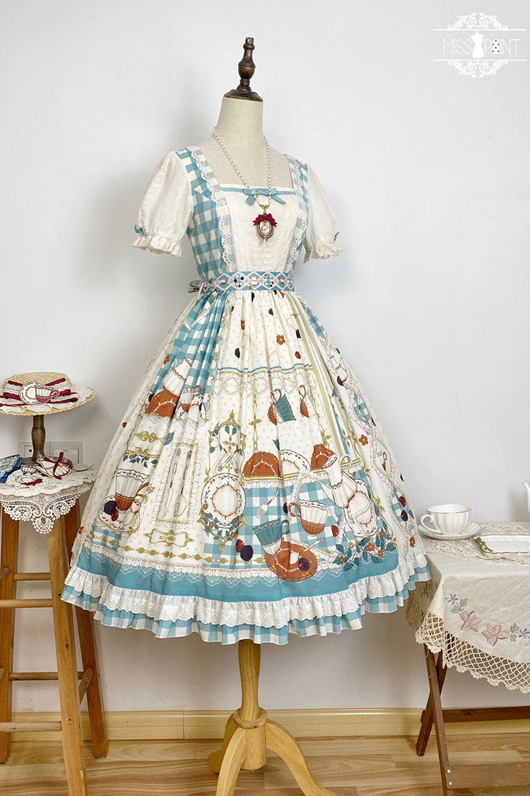 Blue/Green Tea Party Short Sleeves Print Ruffle Bowknot Lace Sweet Elegant Lolita Dress