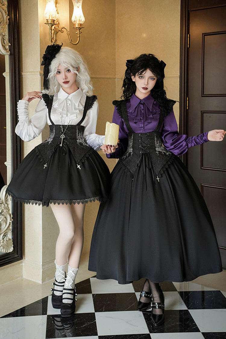 Black Night of Thorns Sleeveless Embroidery Lace-Up Gothic Lolita Strap Breast Support Dress 2 Versions