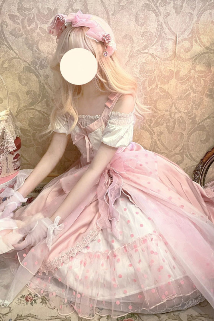 Pink Polka Waltz Sleeveless Print Bowknot Stitching Lace Sweet Lolita Jsk Dress