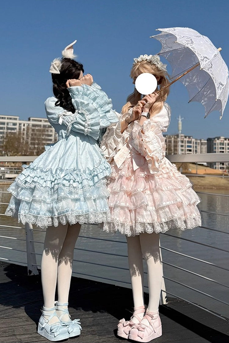 Pink The Soloist Doll Long Hime Sleeves Multi-Layered Print Ruffle Bowknot Asymmetric Sweet Lolita Dress