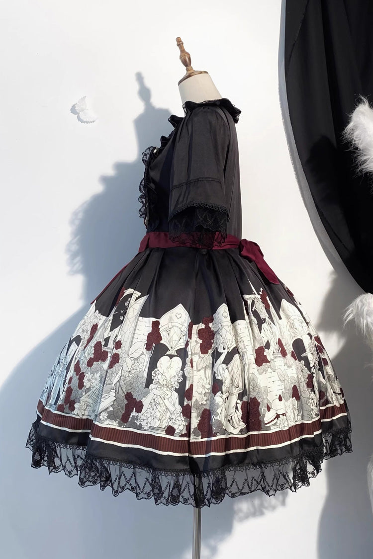 Black Alice of the Asylum Print Bowknot Lace Gothic Lolita Dress 2 Versions