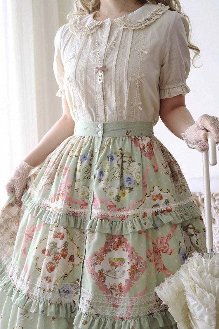 Green Cat Rose Tea Print Ruffle Daily Sweet Lolita Skirt