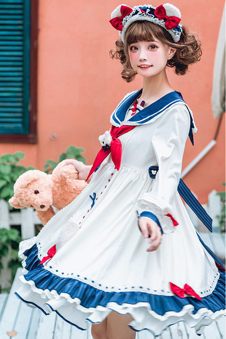 White College Style Navy Collar Chiffon Sea White Bear Print Bowknot Ruffled Sweet Lolita OP Dress