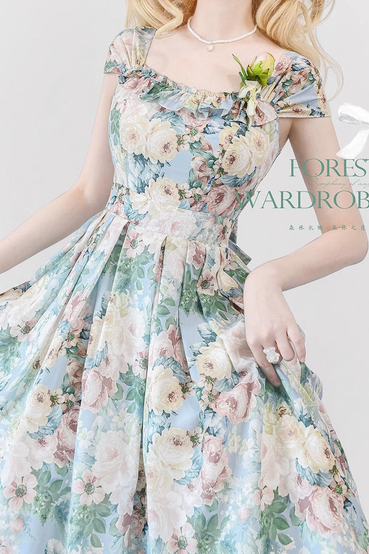 Multi-Color Forest Basket Green Field Flowers Print Bowknot Sweet Elegant Lolita Jsk Dress