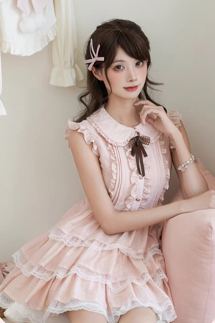 Pink Doll Collar Triple-Layered Ruffled Bow Lace Sweet Lolita Dress