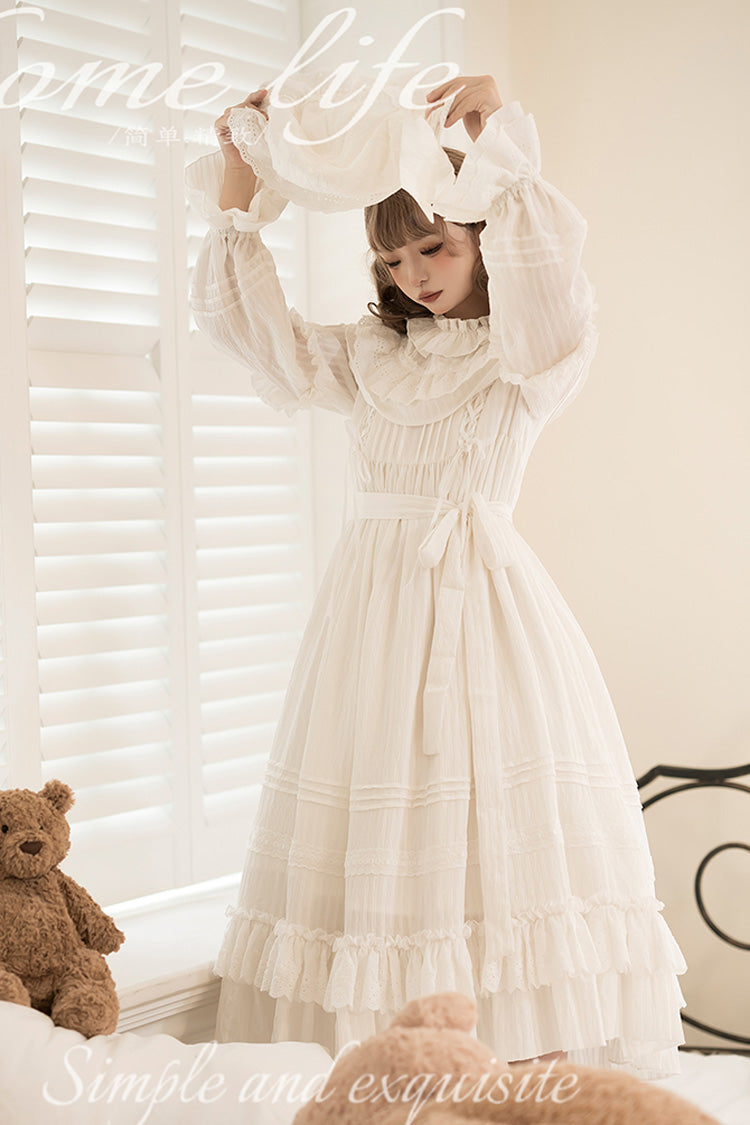 White Good Night Long Sleeves Double-Layered Ruffle Bowknot Lace-Up Holy Sweet Lolita Dress
